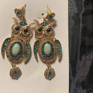 NWT Owl Golden Turquoise Dangling Earrings